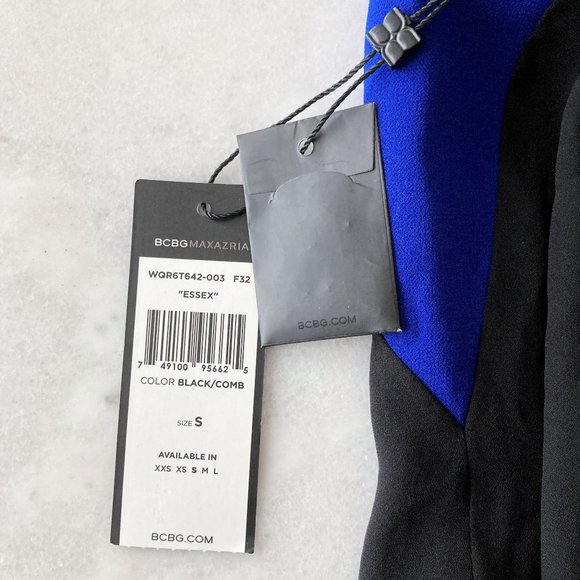 NWT BCBGMaxAzria Essex dress, black & blue, beaded straps, draped back, relaxed - Picture 7 of 7